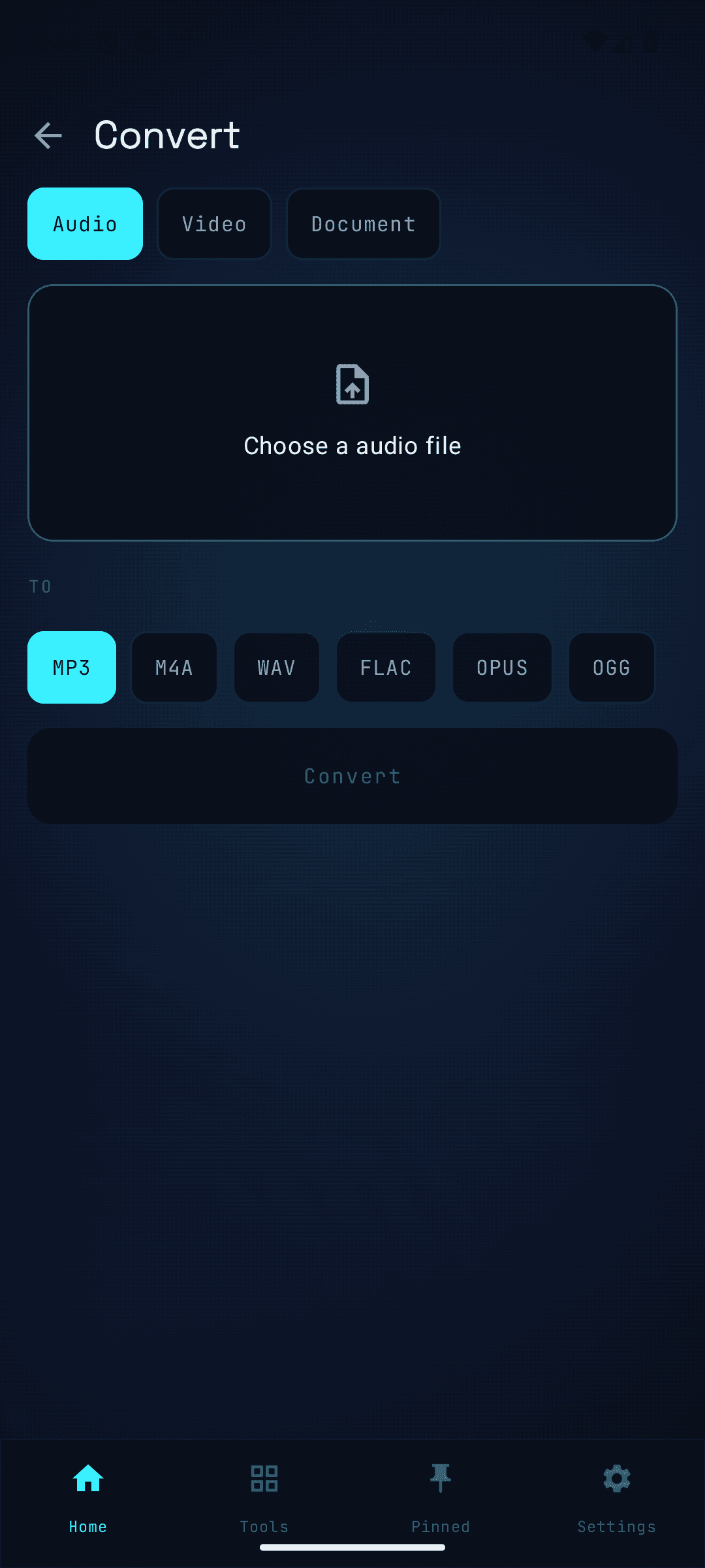 Convert audio, video, and documents between formats on the phone, dark theme