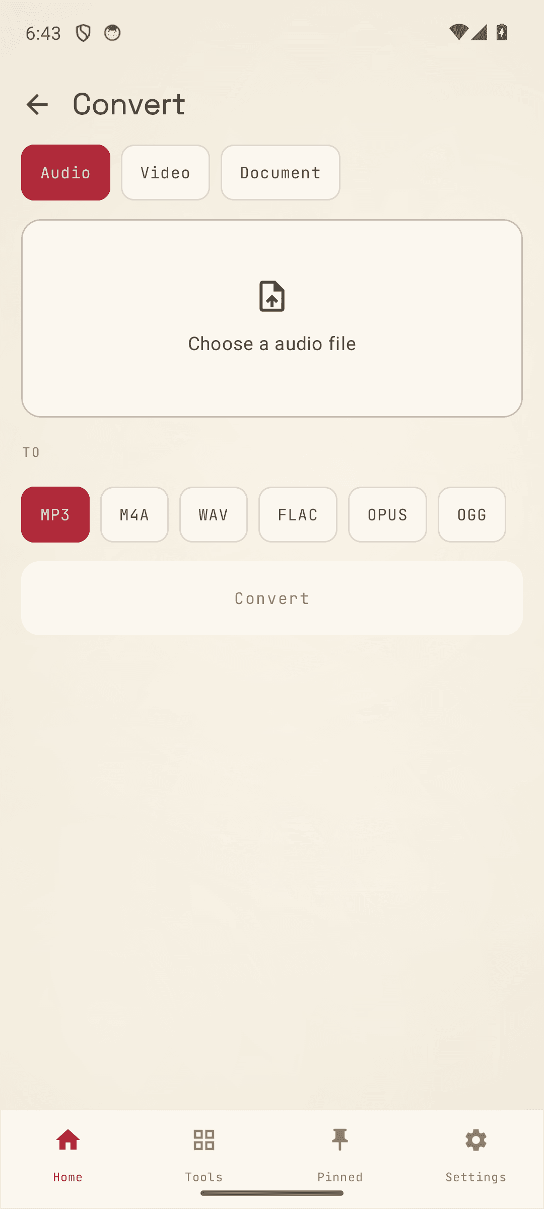 Convert audio, video, and documents between formats on the phone, light theme