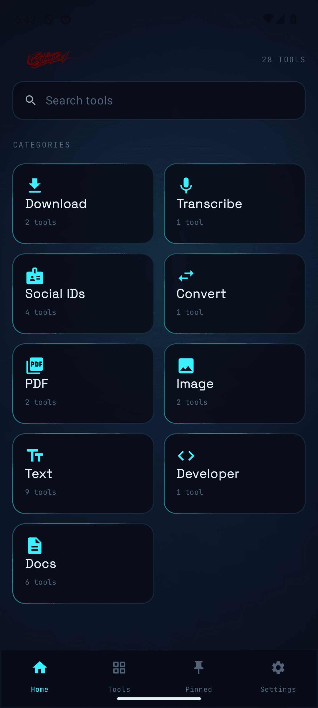The Cyber24 Android home, tools grouped by what they do, dark theme