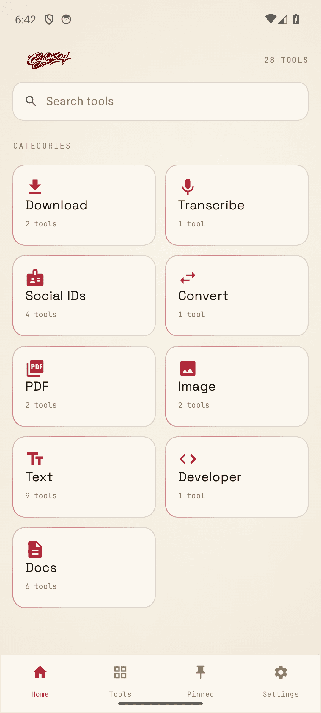 The Cyber24 Android home, tools grouped by what they do, light theme