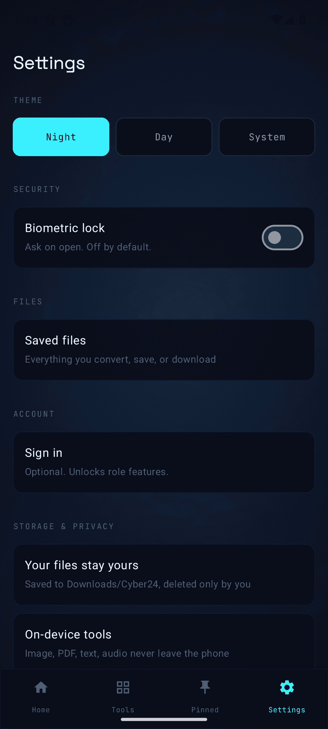 Settings: theme, biometric lock, and on-device privacy, dark theme