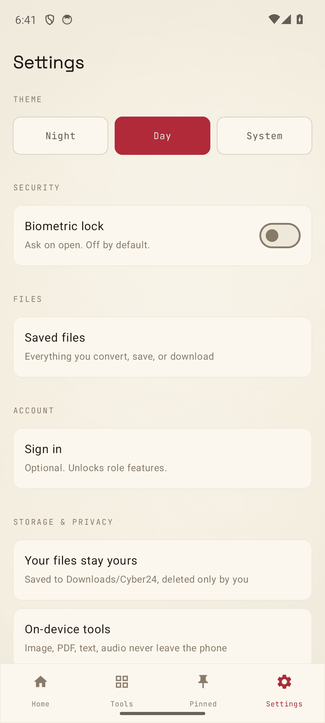 Settings: theme, biometric lock, and on-device privacy, light theme