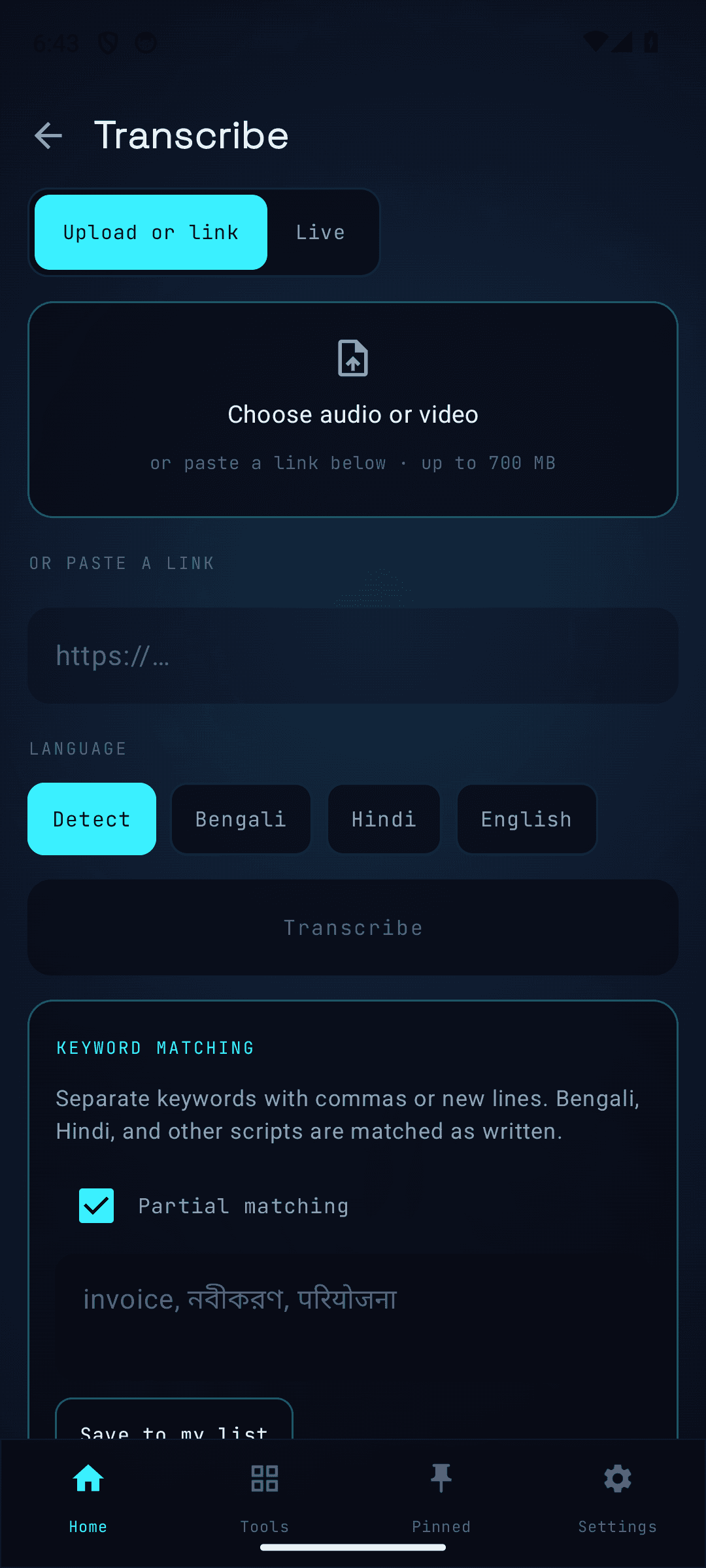 Transcribe audio or video, tuned for Bengali, Hindi, and English, dark theme