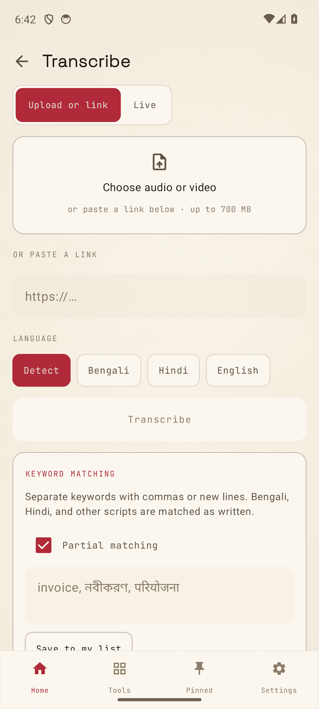 Transcribe audio or video, tuned for Bengali, Hindi, and English, light theme